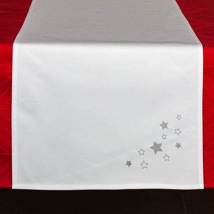 Ubrus Veba ATHOS bavlněný satén bílá s výšivkou Hvězdičky (Velikost 40x180 cm)